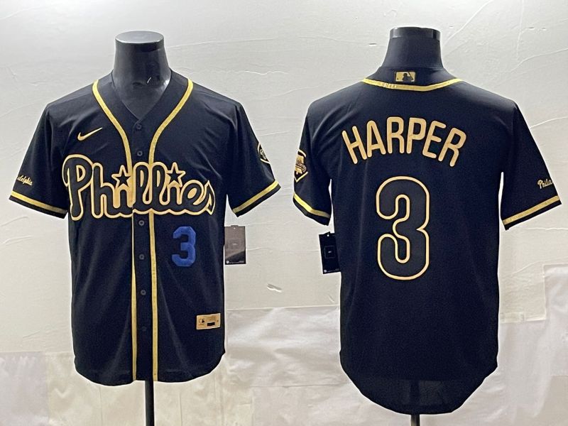 Men 2025 Philadelphia Phillies 3 Harper Black Gold Throwback Nike MLB Jersey style 006